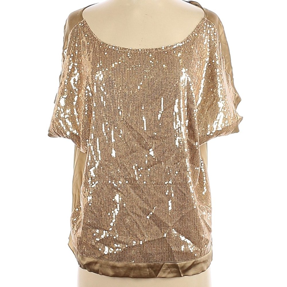 NWT Hale Bob Gold Sequin Tie Neck Top Size S MSRP $196
